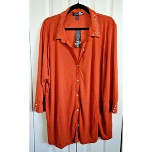 Zena 22/24 Women's Plus Size Rust Colored Beaded Stretch Blouse 3/4‎ Sleeve NWT